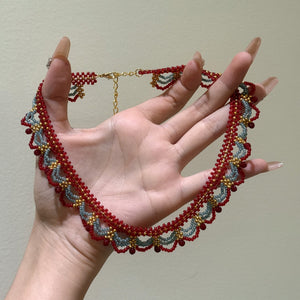 Adjustable Red Faux Crystal Beaded Woven Choker Necklace For Women Vintage Ethnic Round Geometric Design
