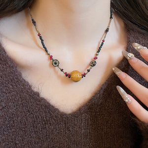 Maillard Style Acrylic Ceramic Beaded Round Pendant Crystal Choker Necklace For Women