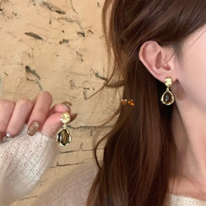 Tiger Eye Stone Flower Asymmetric Drop Earrings Vintage Ethnic Geometric Silver Needle Style