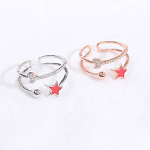 Silver Open Adjustable Red Star Moon Rhinestone Ring