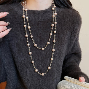 French Glass Beaded Faux Pearl Layered Sweater Necklace Retro Court Style Round Geometric Jewelry