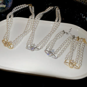 Light Luxury Faux Pearl Saturn Double Layer Beaded Bracelet Necklace Jewelry Set