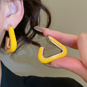 Yellow Enamel Metal Triangle Stud Earrings With Steel Pins, Modern Geometric Light Luxury Style