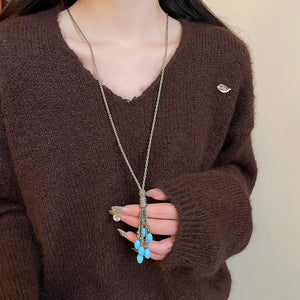 Ethnic Vintage Alloy Oval Stone Tassel Sweater Necklace Bohemian Geometric Statement Pendant