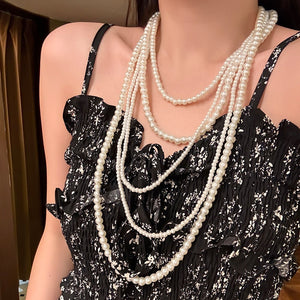 Elegant Multilayer Faux Pearl Beaded Sweater Necklace, Light Luxury Geometric Round Choker For Women