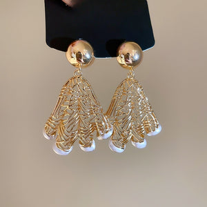 Vintage Metal Fan Shaped Hollow Pleated Drop Earrings With Silver Posts For Women