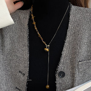 Maillard Style Stainless Steel Tiger Eye Beaded Round Pendant Sweater Necklace For Women