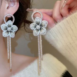 Light Luxury Flower Drop Earrings With Silver Pins, Zircon Mesh Tassels And Pearls