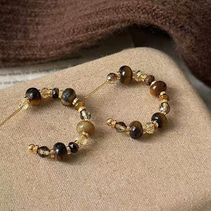Maillard Style 16K Gold Plated Tiger Eye C-Shaped Stud Hoop Earrings With Silver Posts