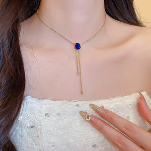 Korean Light Luxury Iron Rhinestone Square Pendant Sweater Necklace For Women