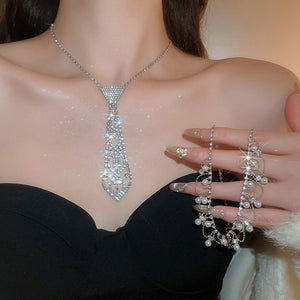 Light Luxury Rhinestone Tie Lace Tassel Faux Pearl Necklace Geometric Triangle Court Style Collarbone Chain