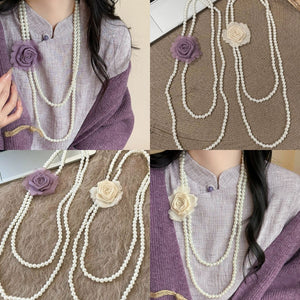 Light Luxury Double Layer Faux Pearl Chiffon Flower Sweater Necklace For Women