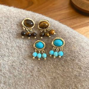 Oval Tiger Eye Stone Tassel Drop Earrings With Silver Needle, Vintage Ethnic Geometric Design