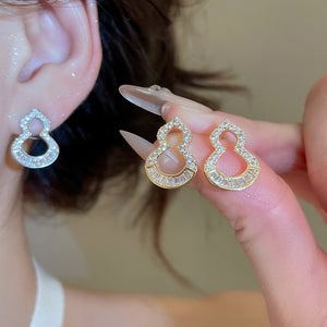 Copper Zircon Hollow Gourd Drop Earrings, New Chinese Vintage Light Luxury Geometric Ear Jewelry