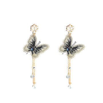 Embroidered Butterfly Gold Chain Fringe Long Stud Earrings
