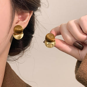 18K Gold Plated Tiger Eye Stone Round Stud Earrings With Sterling Silver Posts, Minimalist Vintage Style