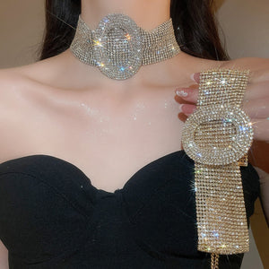 Light Luxury Oval Rhinestone Copper Choker Necklace For Women Court Style Statement Collarbone
