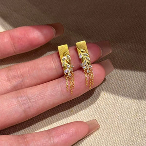 Gold Plated Copper Wheat Tassel Drop Earrings With Zircon And Silver Pins Light Luxury Style
