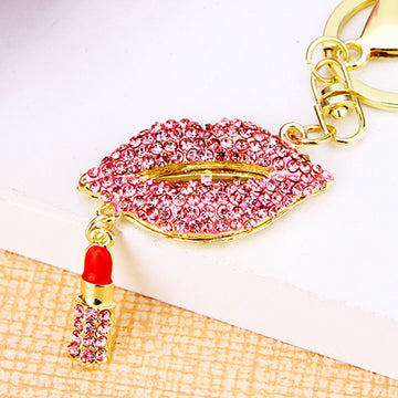 Crystal Lip Keychains in Pink and Blue with Matching Lipstick Dangles