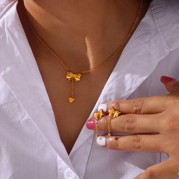 Gold Steel Bow Pendant Necklace Heart Drop Ball Earrings