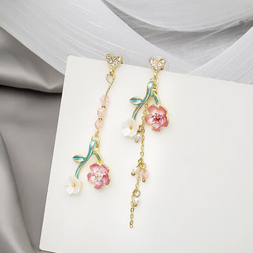 Pink Flower Branch and Chain Asymmetrical Stud Earrings