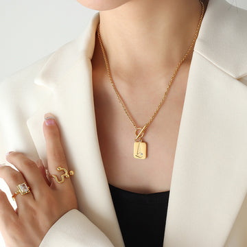OT Toggle Square Tag Pendant Necklace Triangle Stone Accent