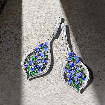 Blue Floral Enamel Openwork Long Drop Earrings In Silver Tone