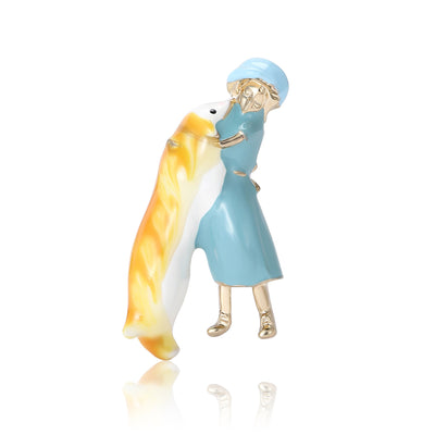 A girl in a colored dress embracing a tall yellow dog shown on a white background