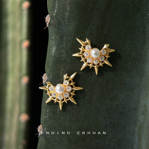 Gold-Tone Sunburst Pearl Clear Stone Stud and Clip Earrings