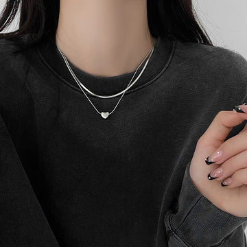 Silver Double Layer Snake Chain Heart Pendant Necklace