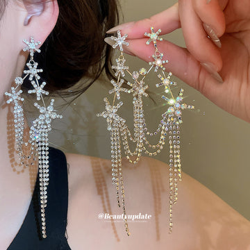 Crystal Crescent Drop Earrings with Star and Chain Tassels