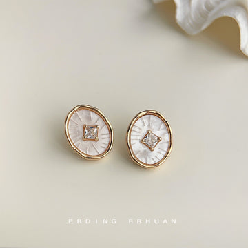 Gold Oval Mother of Pearl Radiating Crystal Stud Earrings