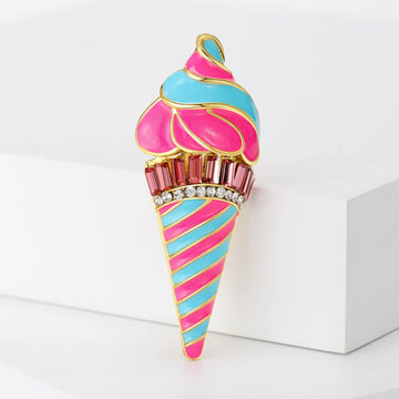 Pink Blue Enamel Ice Cream Cone Brooch Gold Rhinestone Pin