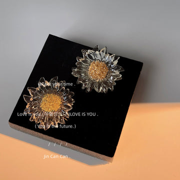 Clear Sunflower Stud Earrings with Gold Glitter Centers
