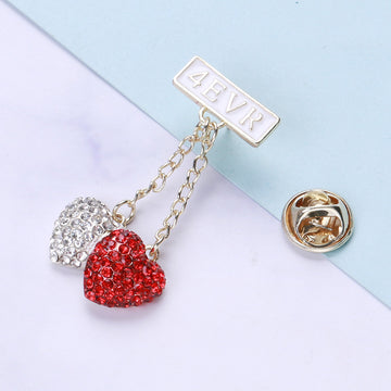 Two Heart Rhinestone Chain Brooch Decorative Lapel Pin
