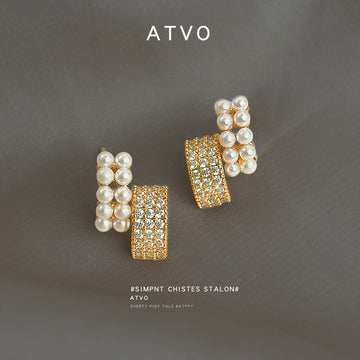 Gold Tone White Pearl And Pave Clear Stone Reversible Stud Earrings