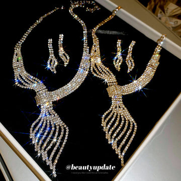 Branching Leaf Crystal Necklace And Long Earring Set In Gold Or Silver Tone