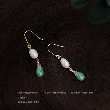 Gold Tone White Pearl And Green Teardrop Hook Earrings