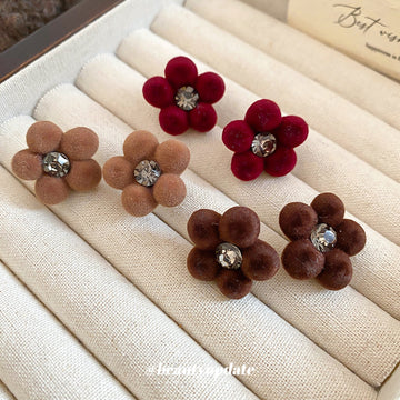 Velvet Flower Stud Earrings in Deep Red Statement Jewelry