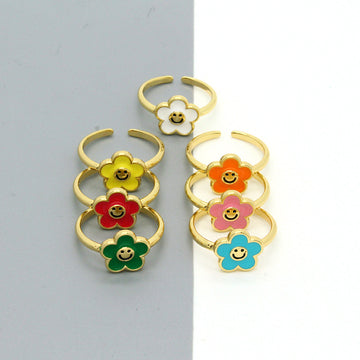 Gold Tone Enamel Smiling Flower Adjustable Open Rings in Seven Colors
