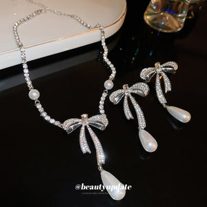 Silver Tone Bow Jewelry Options With Clear Crystals And Pearl Drops