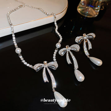 Silver Tone Bow Jewelry Options With Clear Crystals And Pearl Drops