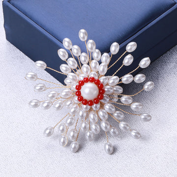 White Pearl Beaded Burst Brooch With Red Crystal Center