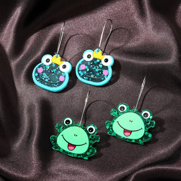Cartoon Frog Long Hook Earrings in Blue and Green Designs