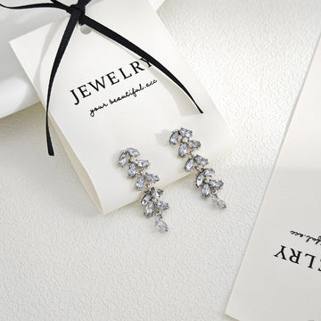 Silver Cascading Leaf Clear Look Long Stud Earrings