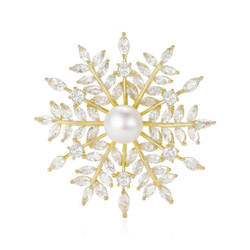 Gold Snowflake Brooch Pearl Center Clear Cubic Zirconia Pin