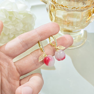 Pink Peach Fruit Gold Leaf Clear Small Huggie Earrings