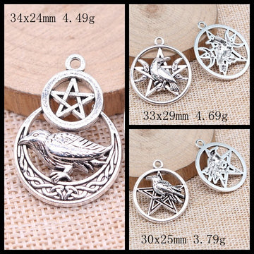 Raven Moon and Pentagram Metal Pendants in Ten Variations