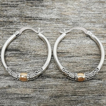 Silver Tone Two-Tone Beaded Pattern Large Hoop Earrings