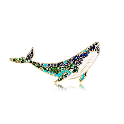 Front product view of the dolphin brooch pin in gold and green
